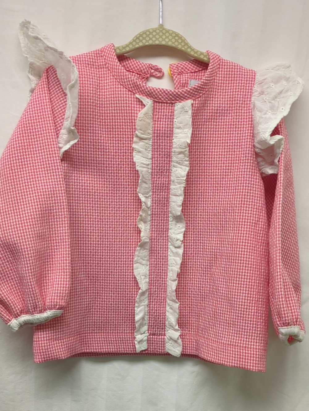 Pink Gingham Seersucker Kids Top with Ruffle Details